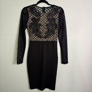 Entry Long Sleeve Black Dress Sheer Lace Overlay Size Small